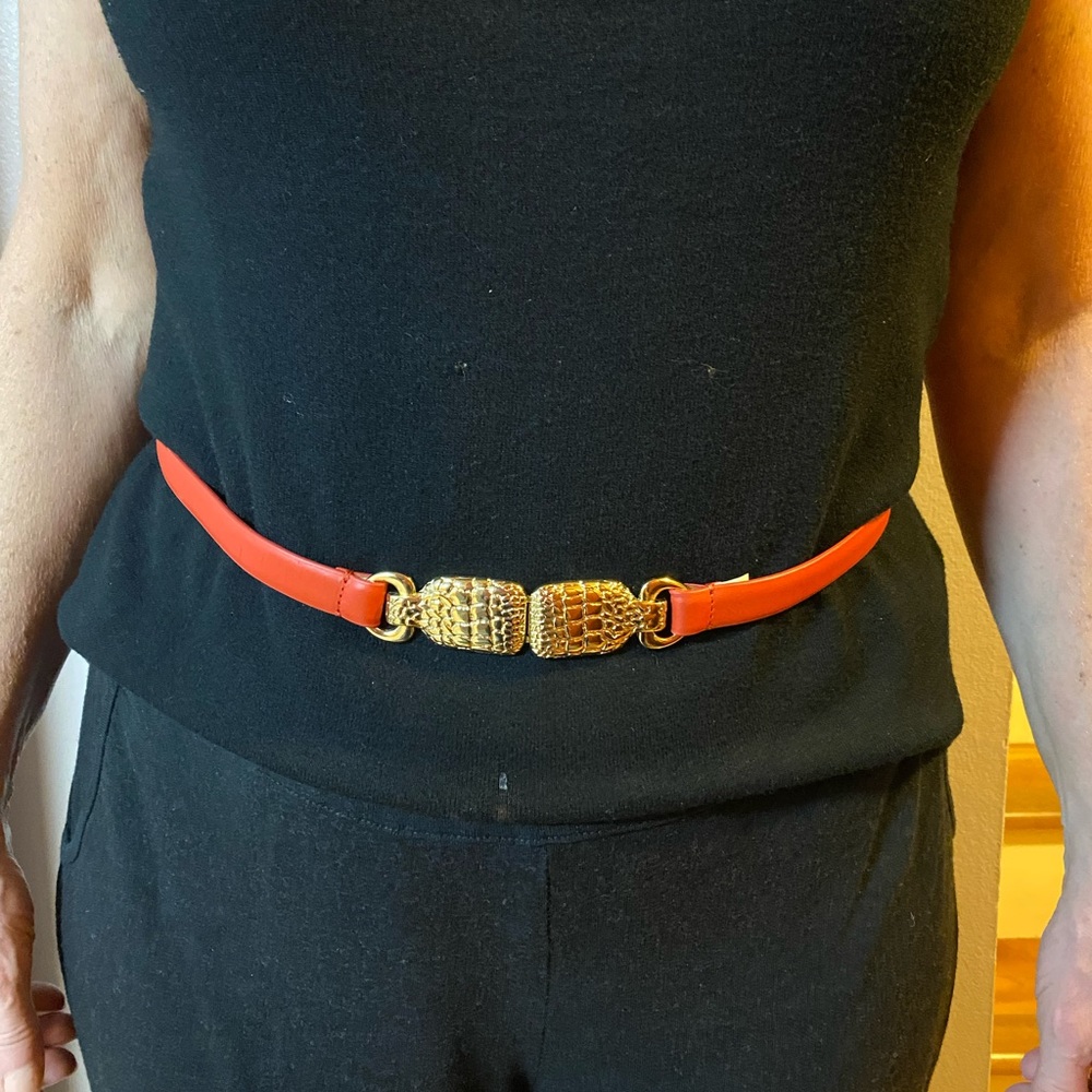 Vintage Red Talbots Belt with Brass Scroll Buckle 34-39"